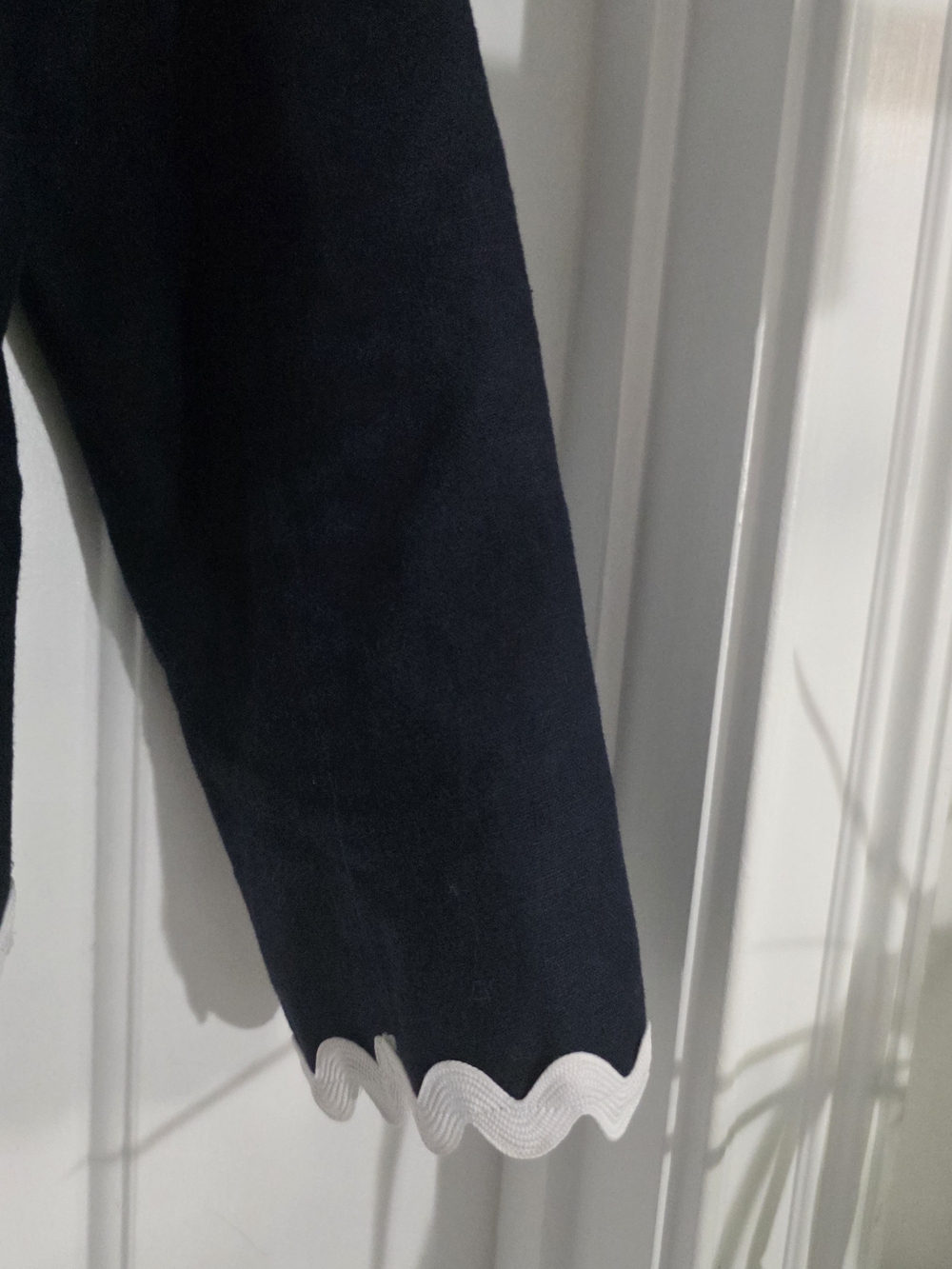 J.Crew Y2K Navy Linen Cotton Ric Rac Trim Lady Jacket Blazer Size 2 -18 inch ptp - Picture 9 of 11